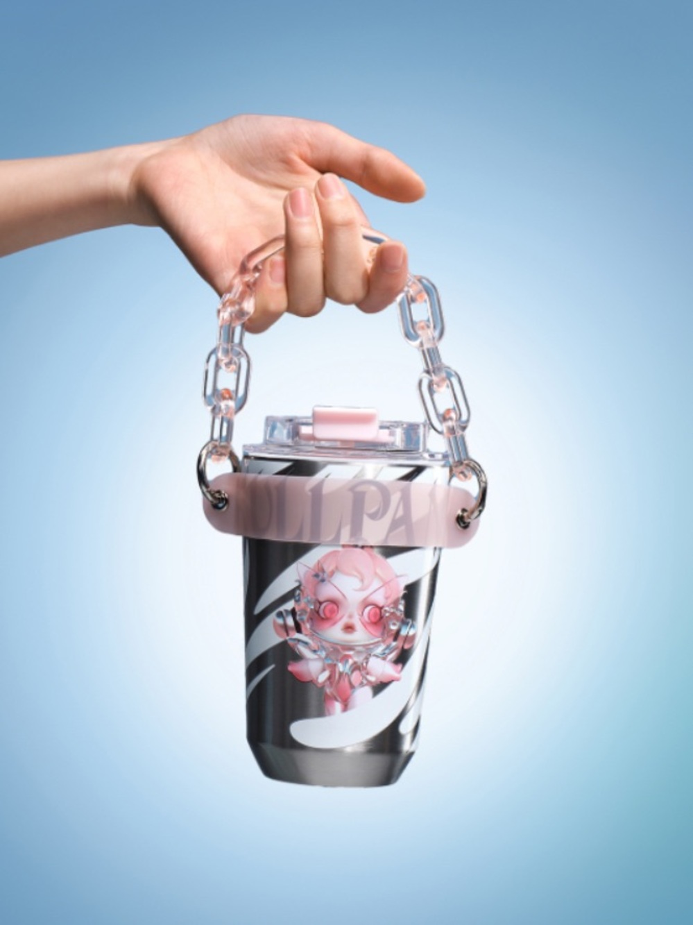 Pop Mart SKULLPANDA The Sound Series Tumbler with Pastel Pink Acrylic Chain, NIB